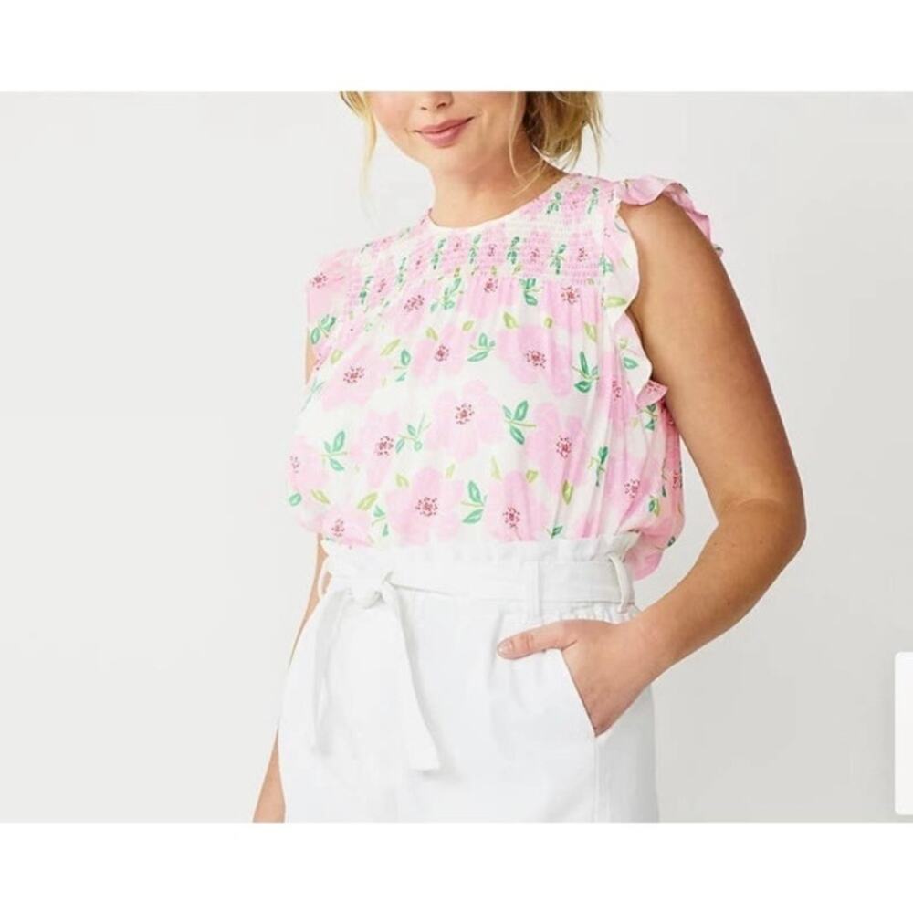 Draper James RSVP Sz XXL Smocked Flutter Sleeve Top White Pink Spring Romantic